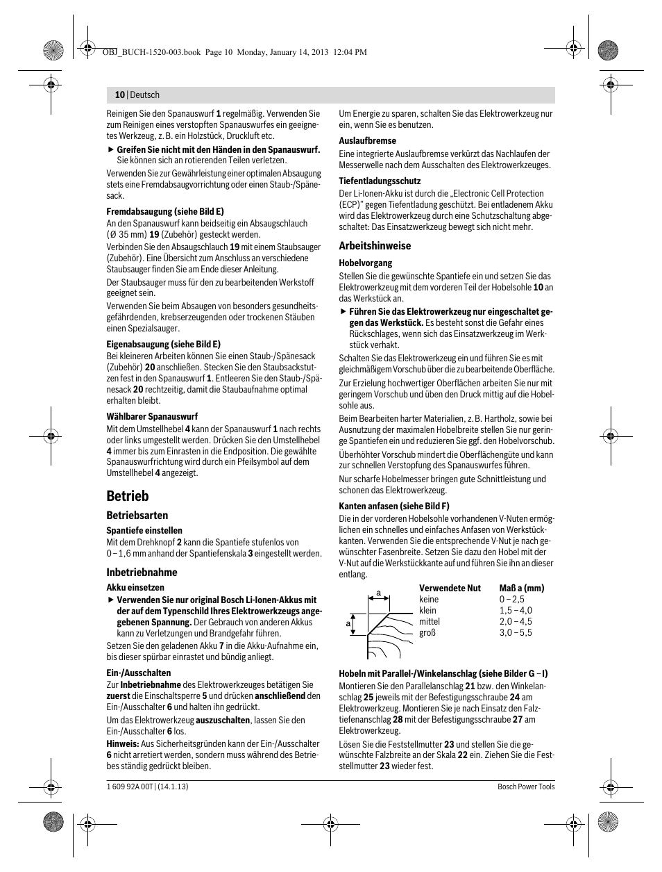 Betrieb | Bosch GHO 14,4 V-LI Professional User Manual | Page 10 / 180