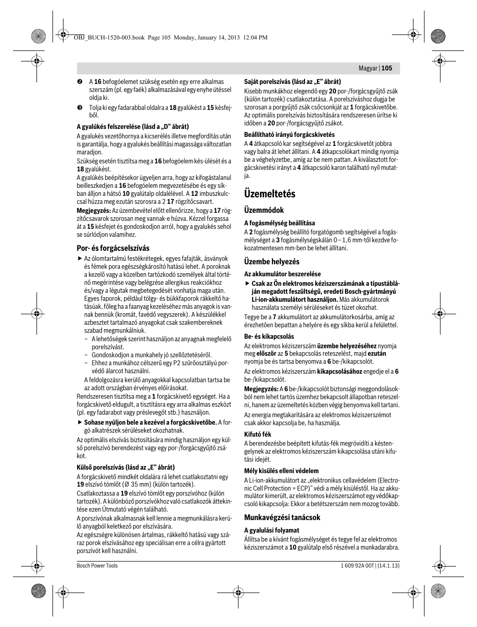 Üzemeltetés | Bosch GHO 14,4 V-LI Professional User Manual | Page 105 / 180