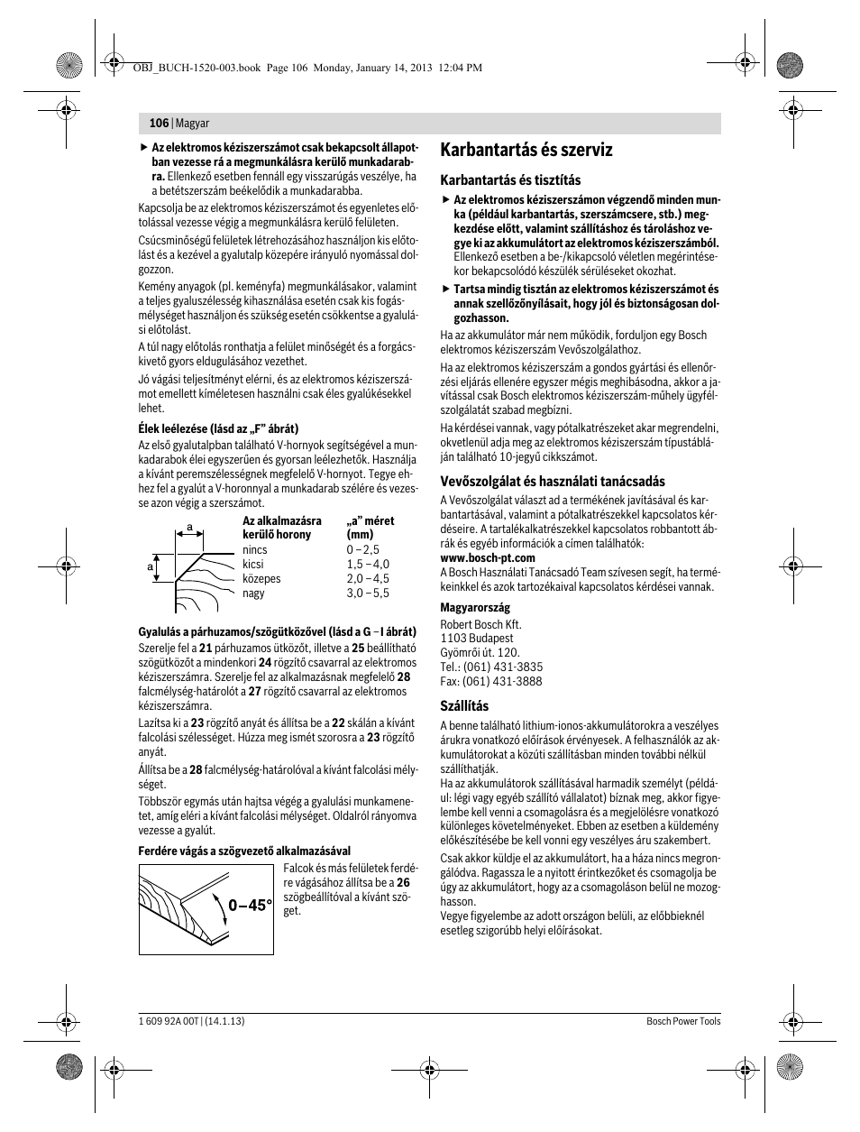 Karbantartás és szerviz | Bosch GHO 14,4 V-LI Professional User Manual | Page 106 / 180