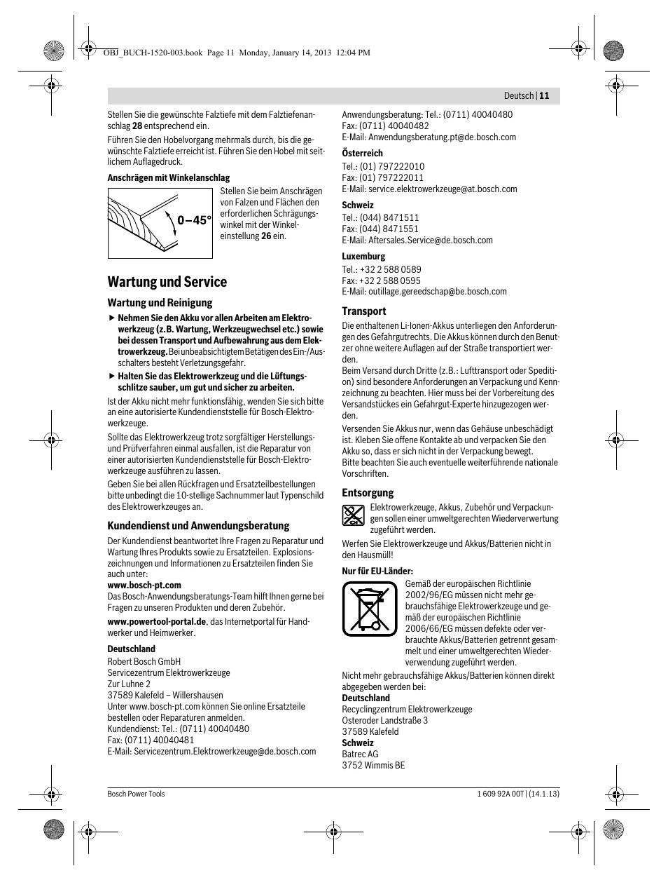 Wartung und service | Bosch GHO 14,4 V-LI Professional User Manual | Page 11 / 180