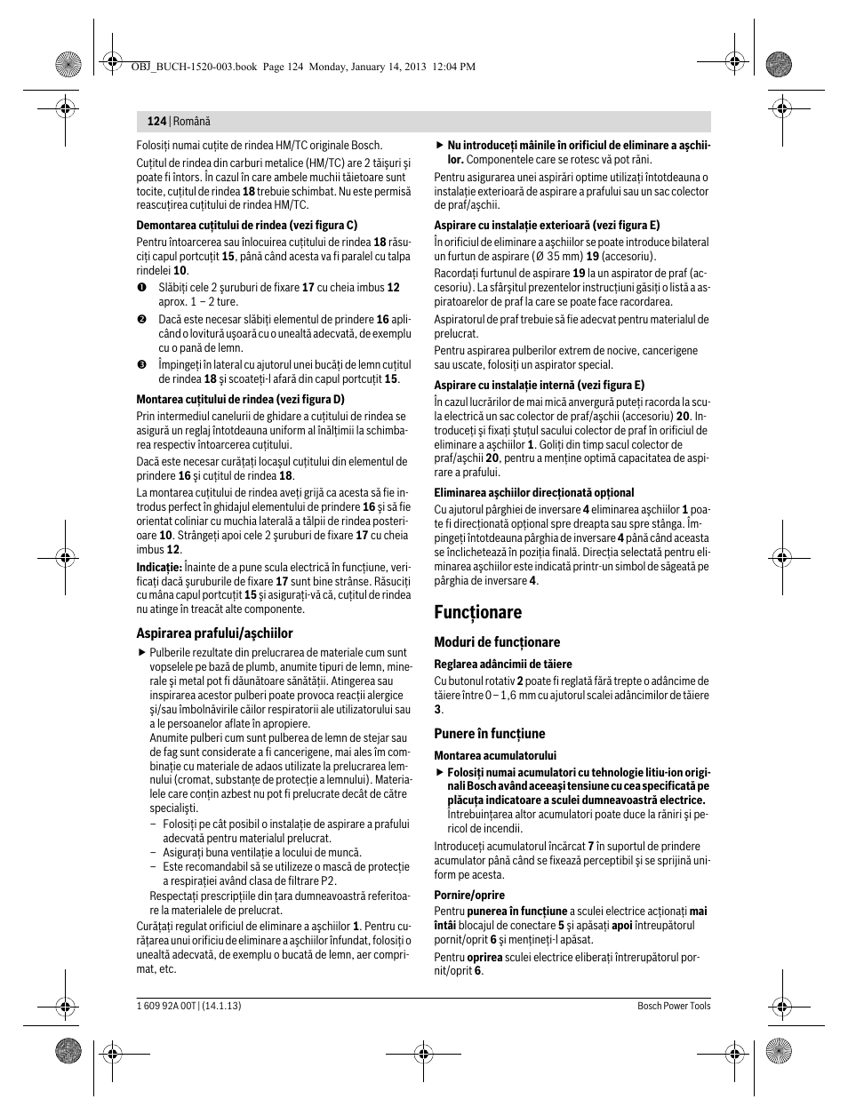 Funcţionare | Bosch GHO 14,4 V-LI Professional User Manual | Page 124 / 180