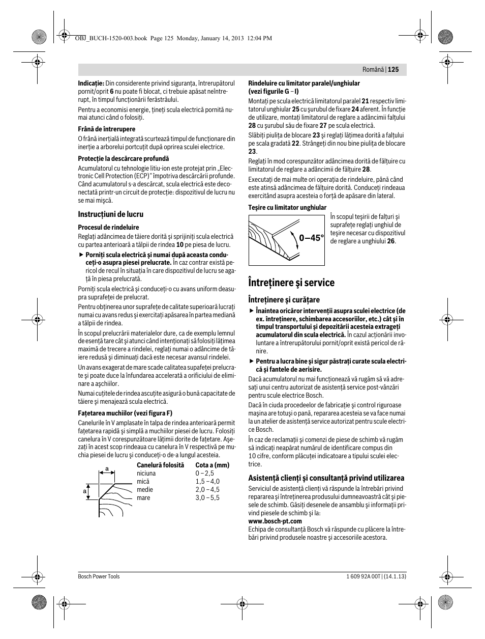 Întreţinere şi service | Bosch GHO 14,4 V-LI Professional User Manual | Page 125 / 180