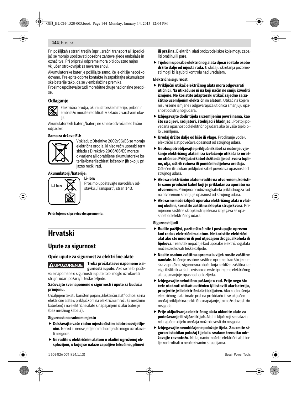 Hrvatski, Upute za sigurnost | Bosch GHO 14,4 V-LI Professional User Manual | Page 144 / 180