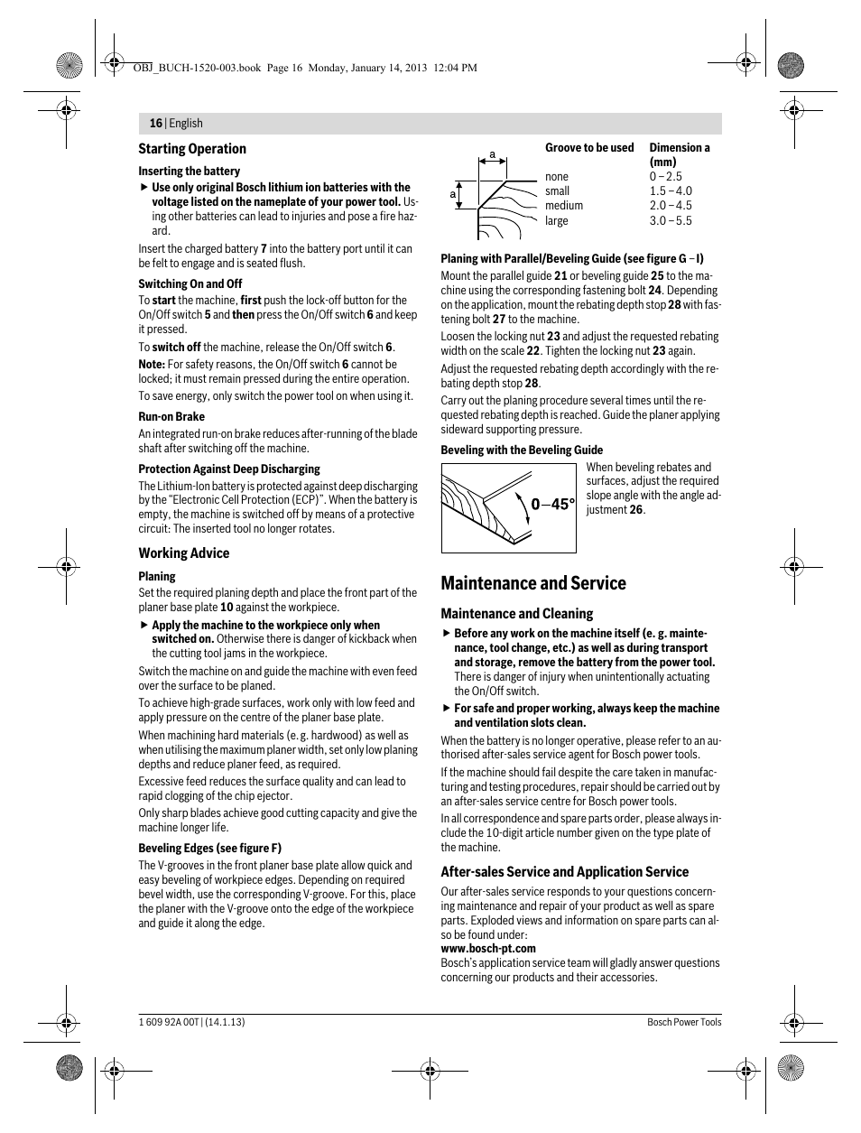 Maintenance and service | Bosch GHO 14,4 V-LI Professional User Manual | Page 16 / 180