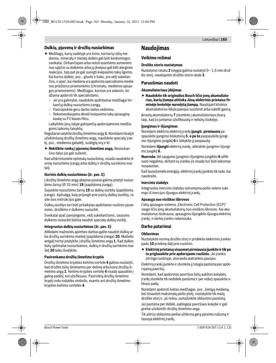 Naudojimas | Bosch GHO 14,4 V-LI Professional User Manual | Page 165 / 180