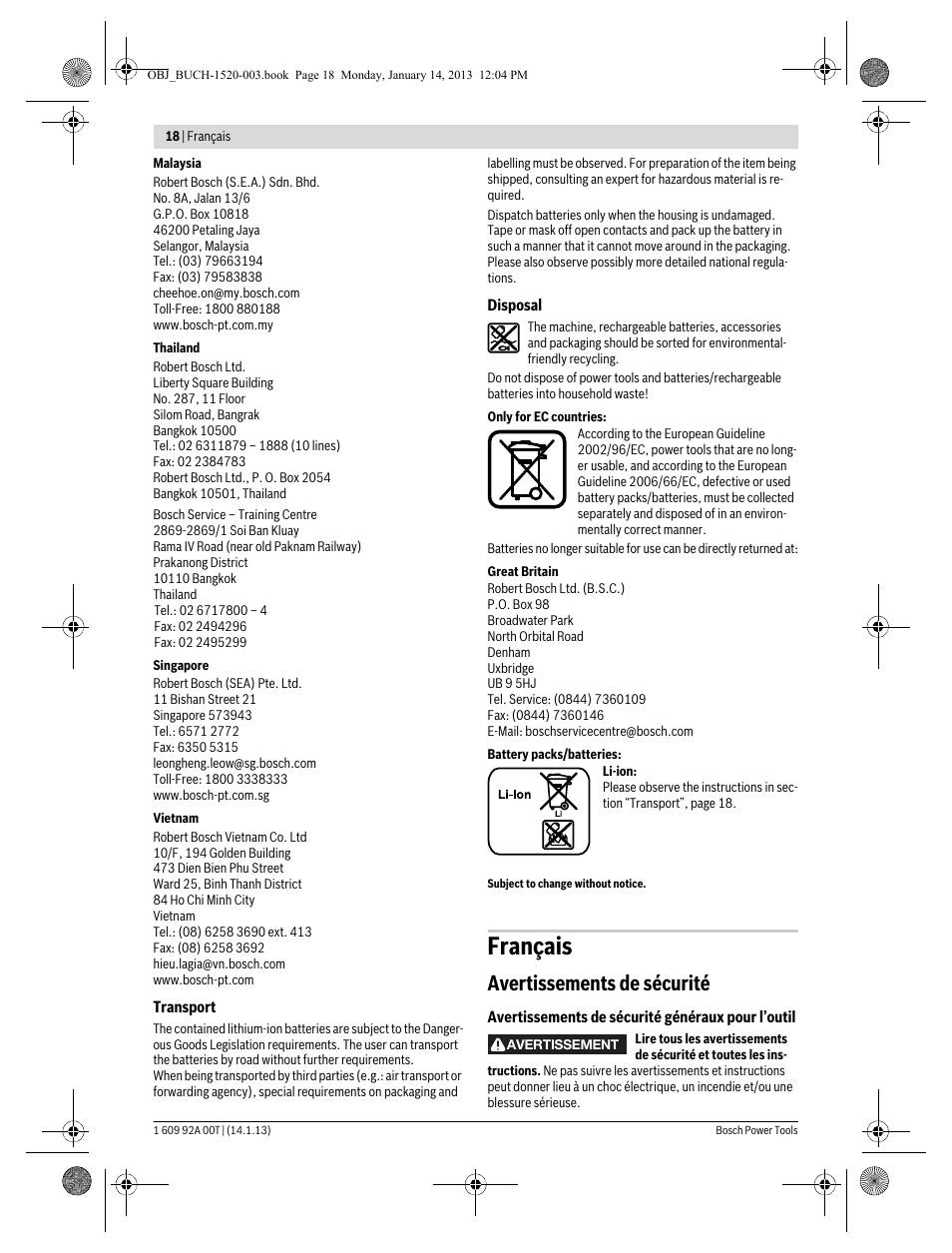 Français, Avertissements de sécurité | Bosch GHO 14,4 V-LI Professional User Manual | Page 18 / 180