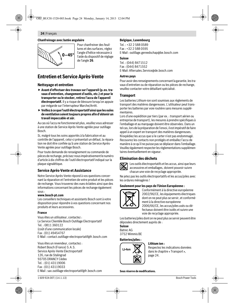 Entretien et service après-vente | Bosch GHO 14,4 V-LI Professional User Manual | Page 24 / 180