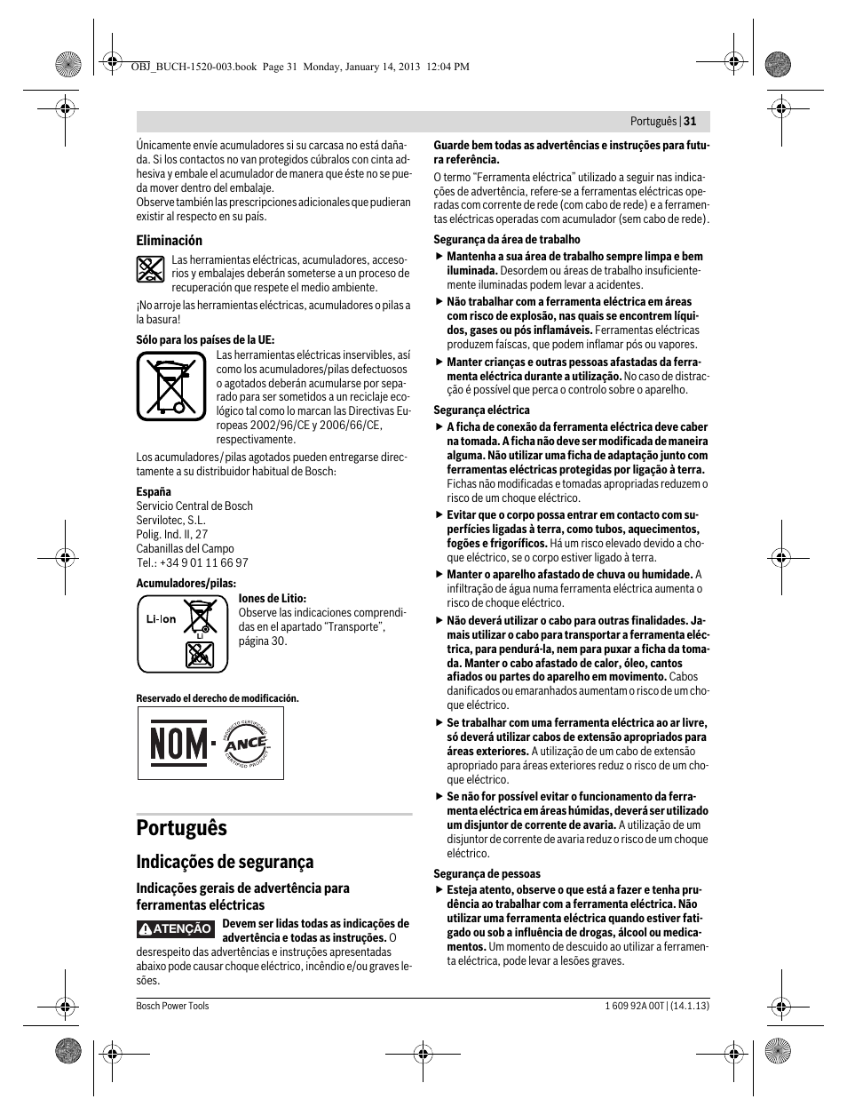 Português, Indicações de segurança | Bosch GHO 14,4 V-LI Professional User Manual | Page 31 / 180