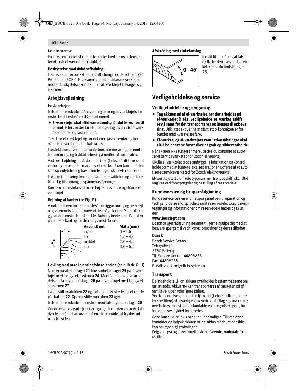 Vedligeholdelse og service | Bosch GHO 14,4 V-LI Professional User Manual | Page 54 / 180