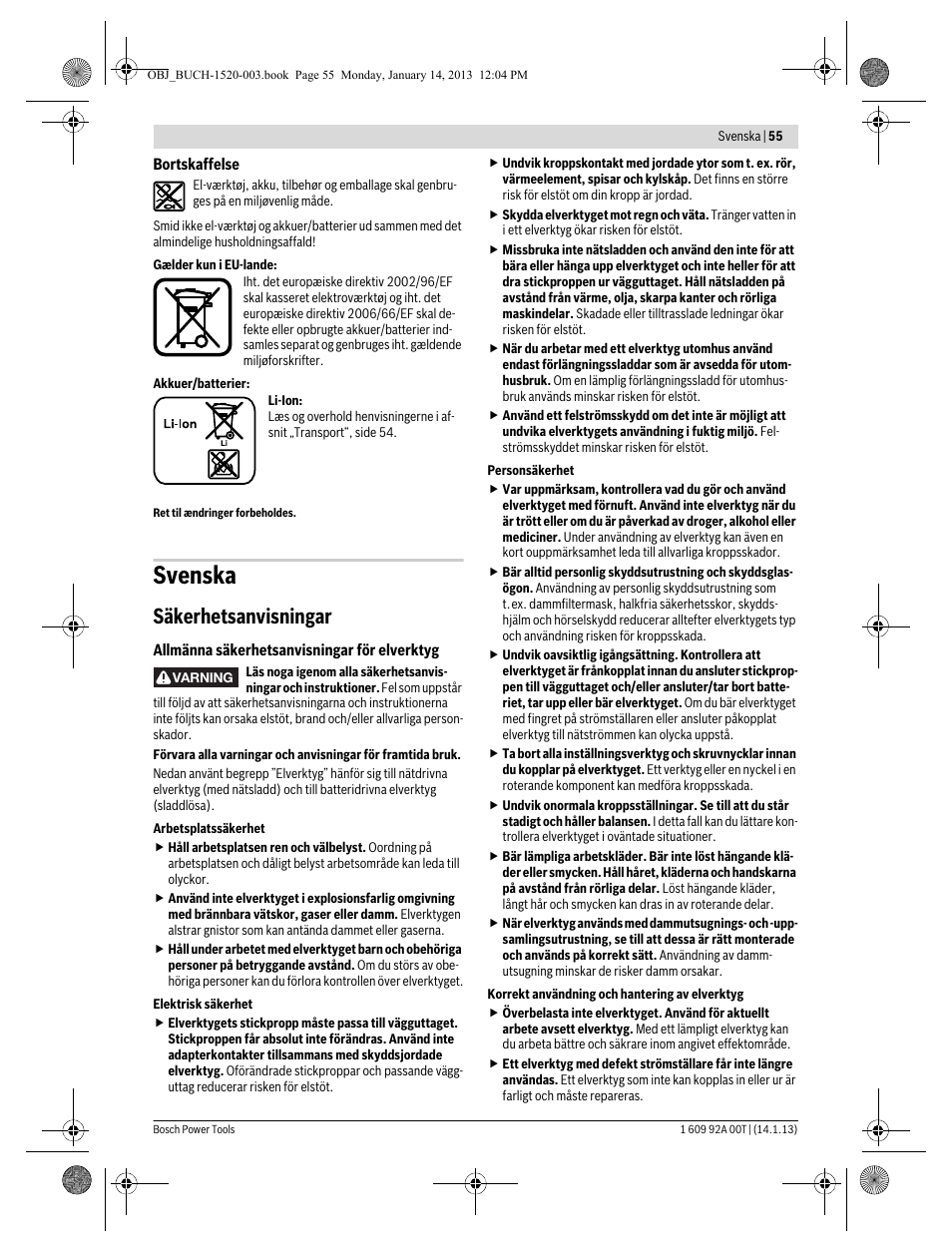 Svenska, Säkerhetsanvisningar | Bosch GHO 14,4 V-LI Professional User Manual | Page 55 / 180