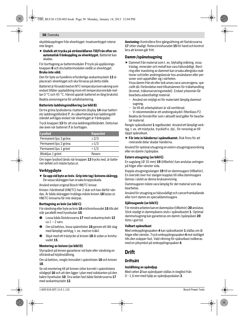 Drift | Bosch GHO 14,4 V-LI Professional User Manual | Page 58 / 180