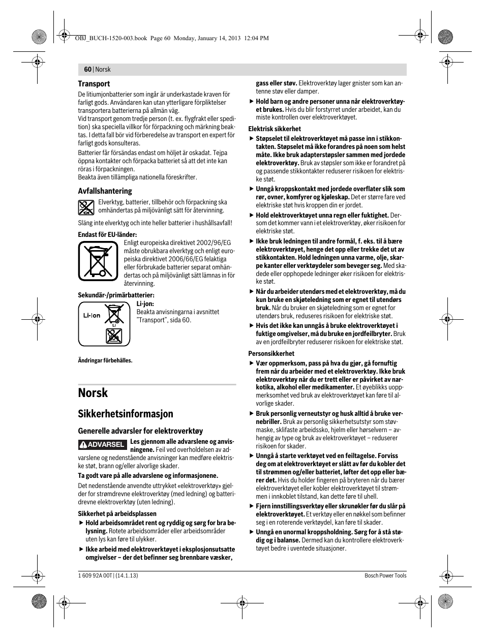 Norsk, Sikkerhetsinformasjon | Bosch GHO 14,4 V-LI Professional User Manual | Page 60 / 180