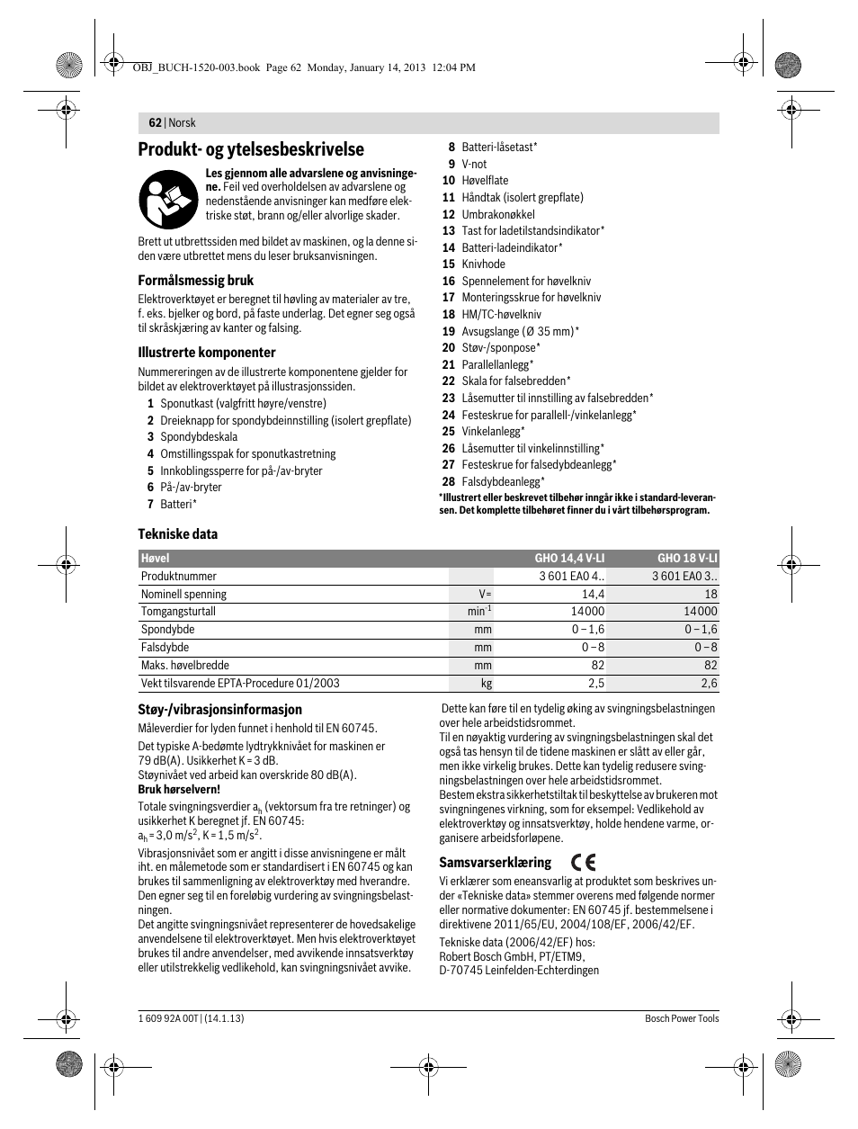 Produkt- og ytelsesbeskrivelse | Bosch GHO 14,4 V-LI Professional User Manual | Page 62 / 180