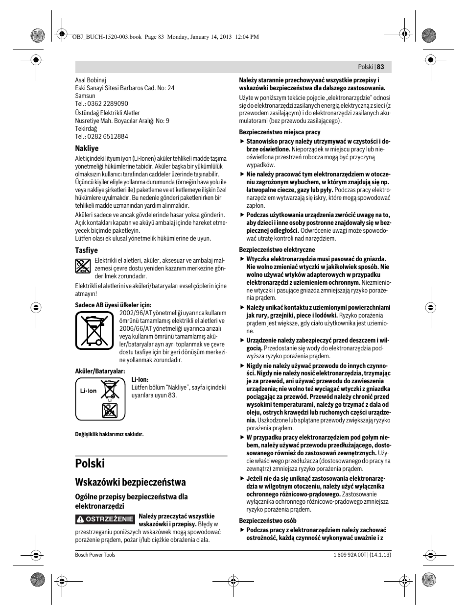 Polski, Wskazówki bezpieczeństwa | Bosch GHO 14,4 V-LI Professional User Manual | Page 83 / 180