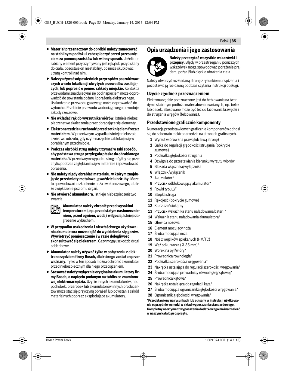 Opis urządzenia i jego zastosowania | Bosch GHO 14,4 V-LI Professional User Manual | Page 85 / 180