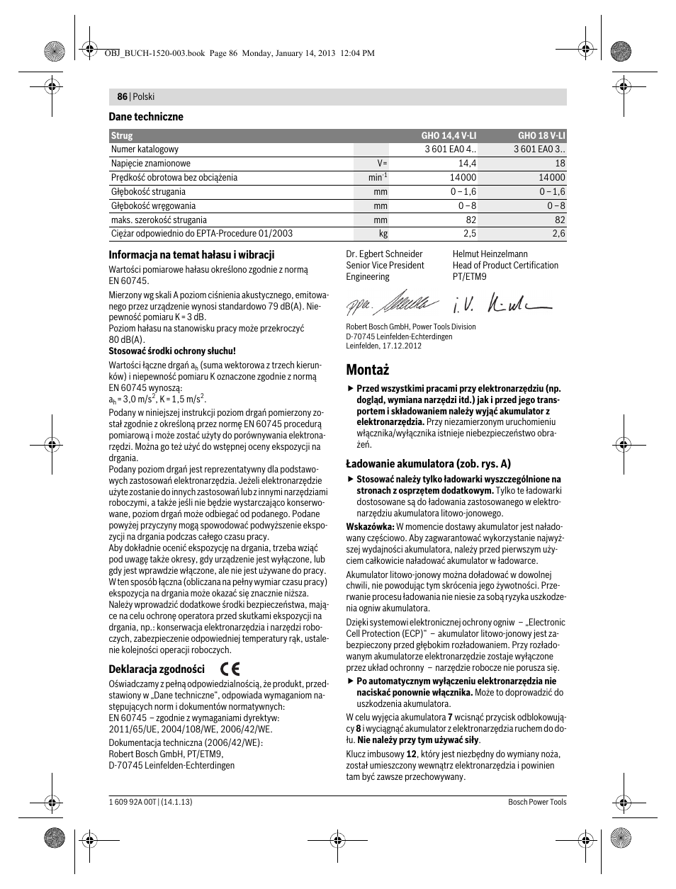 Montaż | Bosch GHO 14,4 V-LI Professional User Manual | Page 86 / 180