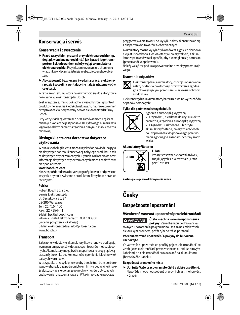 Česky, Konserwacja i serwis, Bezpečnostní upozornění | Bosch GHO 14,4 V-LI Professional User Manual | Page 89 / 180