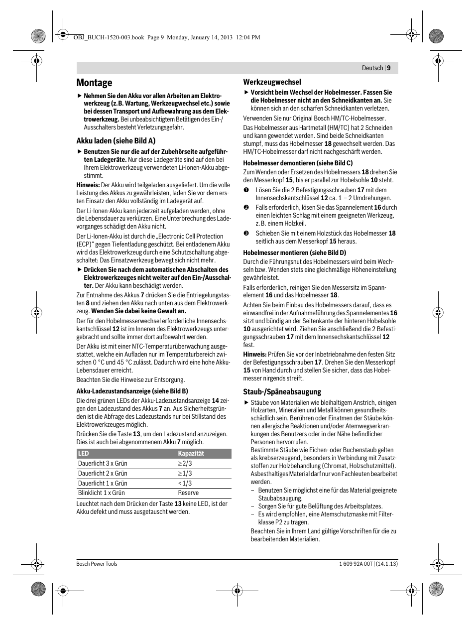 Montage | Bosch GHO 14,4 V-LI Professional User Manual | Page 9 / 180