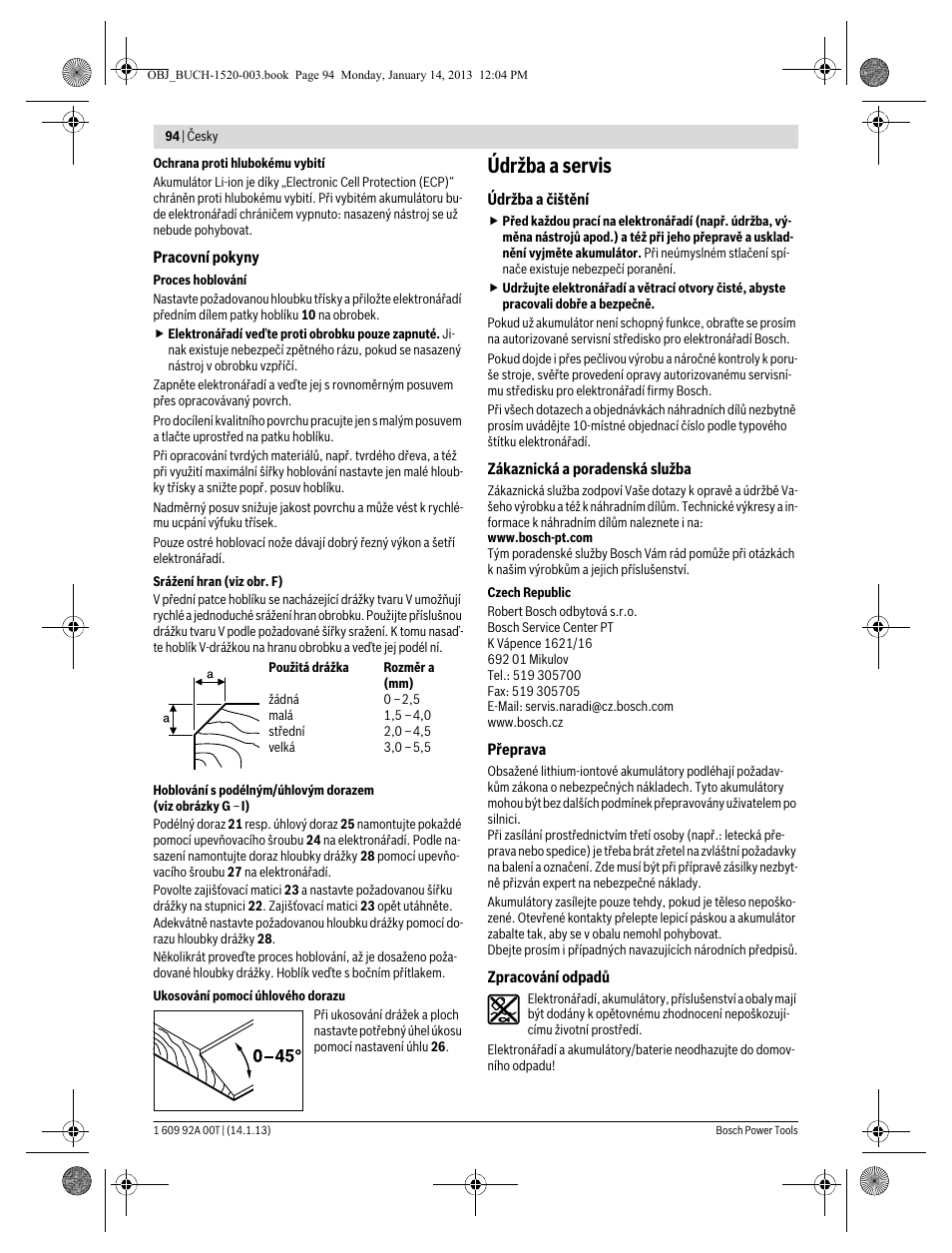 Údržba a servis | Bosch GHO 14,4 V-LI Professional User Manual | Page 94 / 180