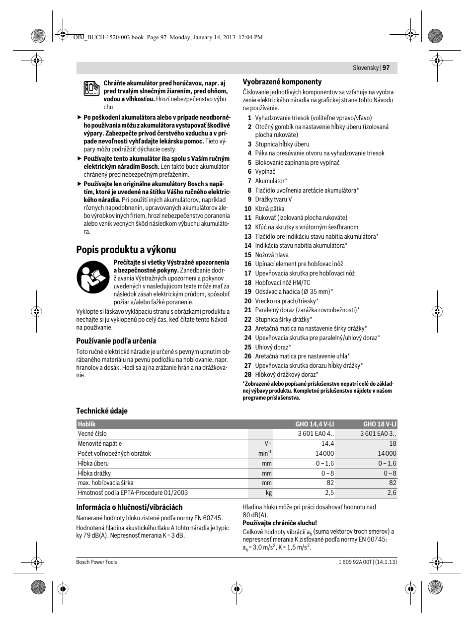 Popis produktu a výkonu | Bosch GHO 14,4 V-LI Professional User Manual | Page 97 / 180