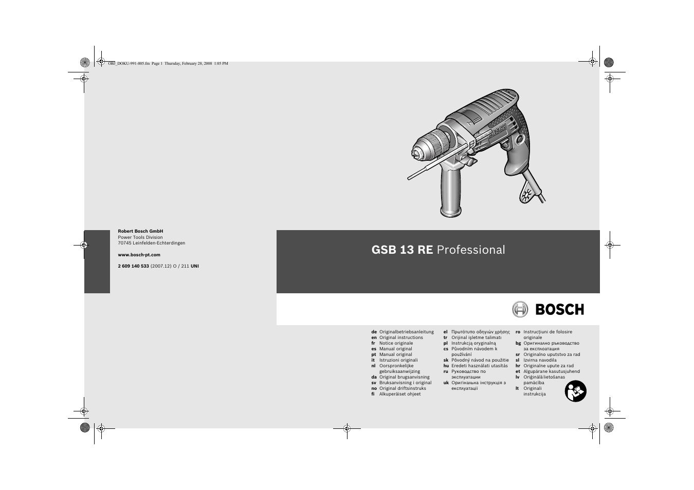 Bosch GSB 13 RE Professional User Manual | 210 pages