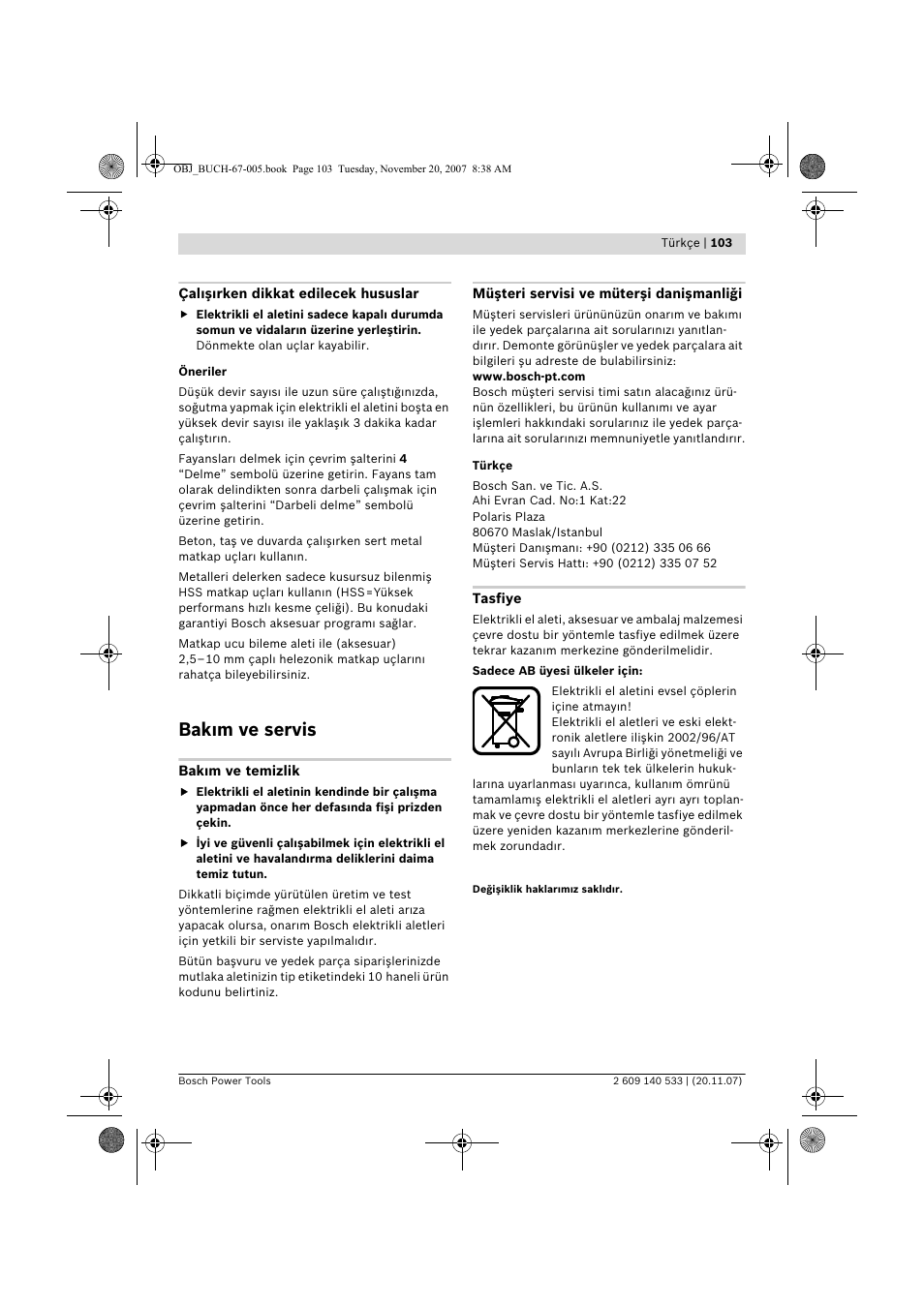 Bak m ve servis | Bosch GSB 13 RE Professional User Manual | Page 103 / 210