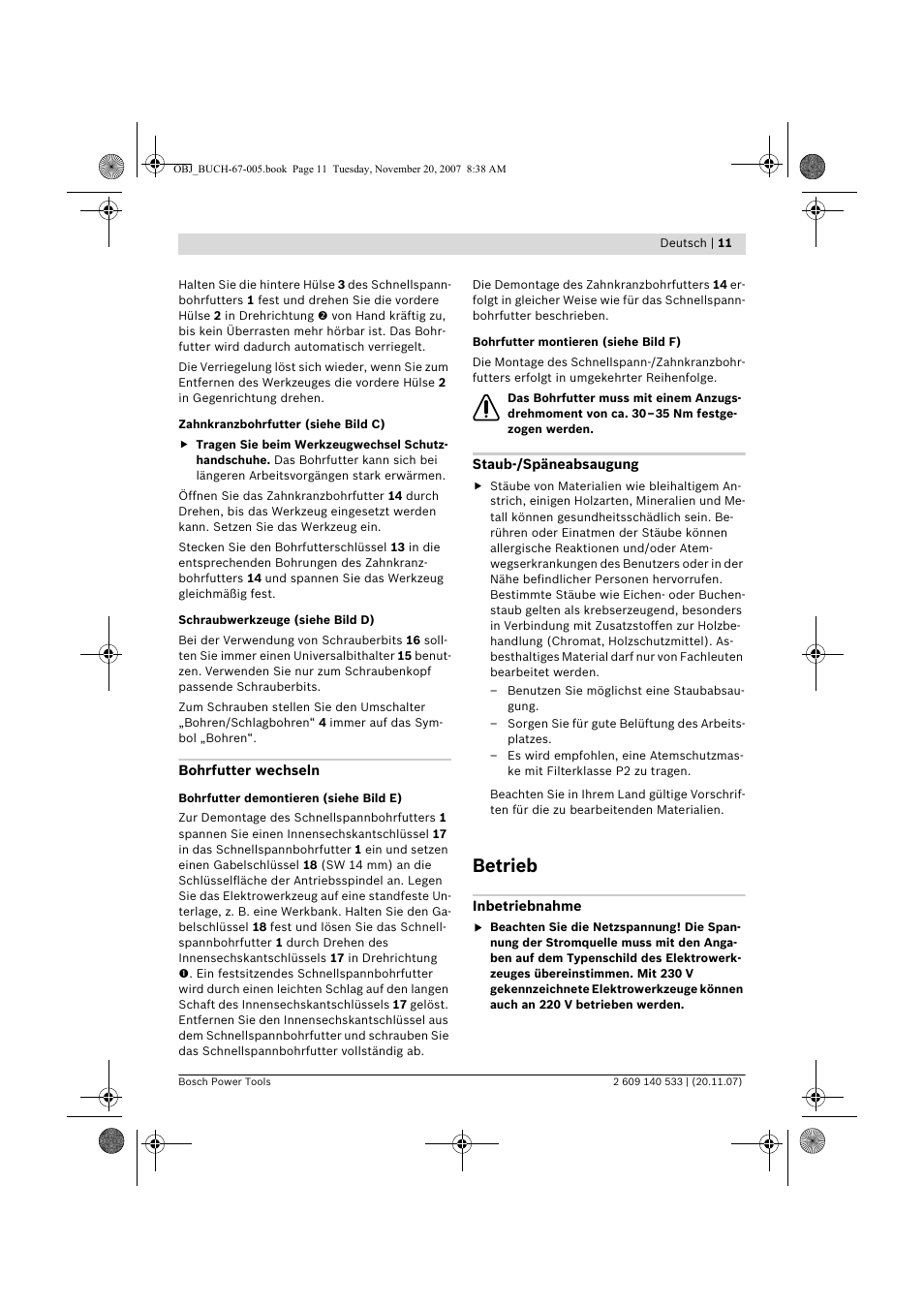 Betrieb | Bosch GSB 13 RE Professional User Manual | Page 11 / 210