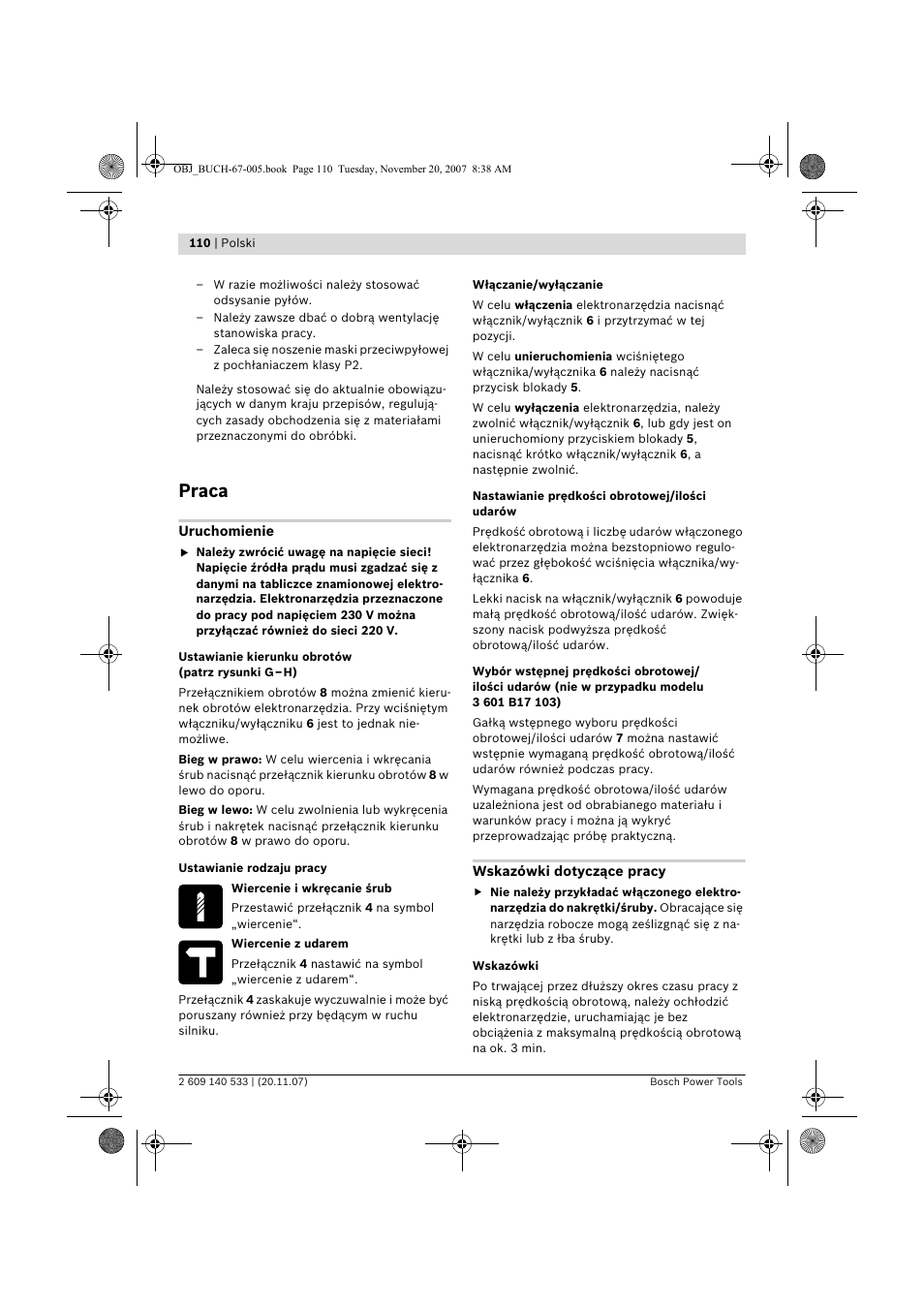 Praca | Bosch GSB 13 RE Professional User Manual | Page 110 / 210