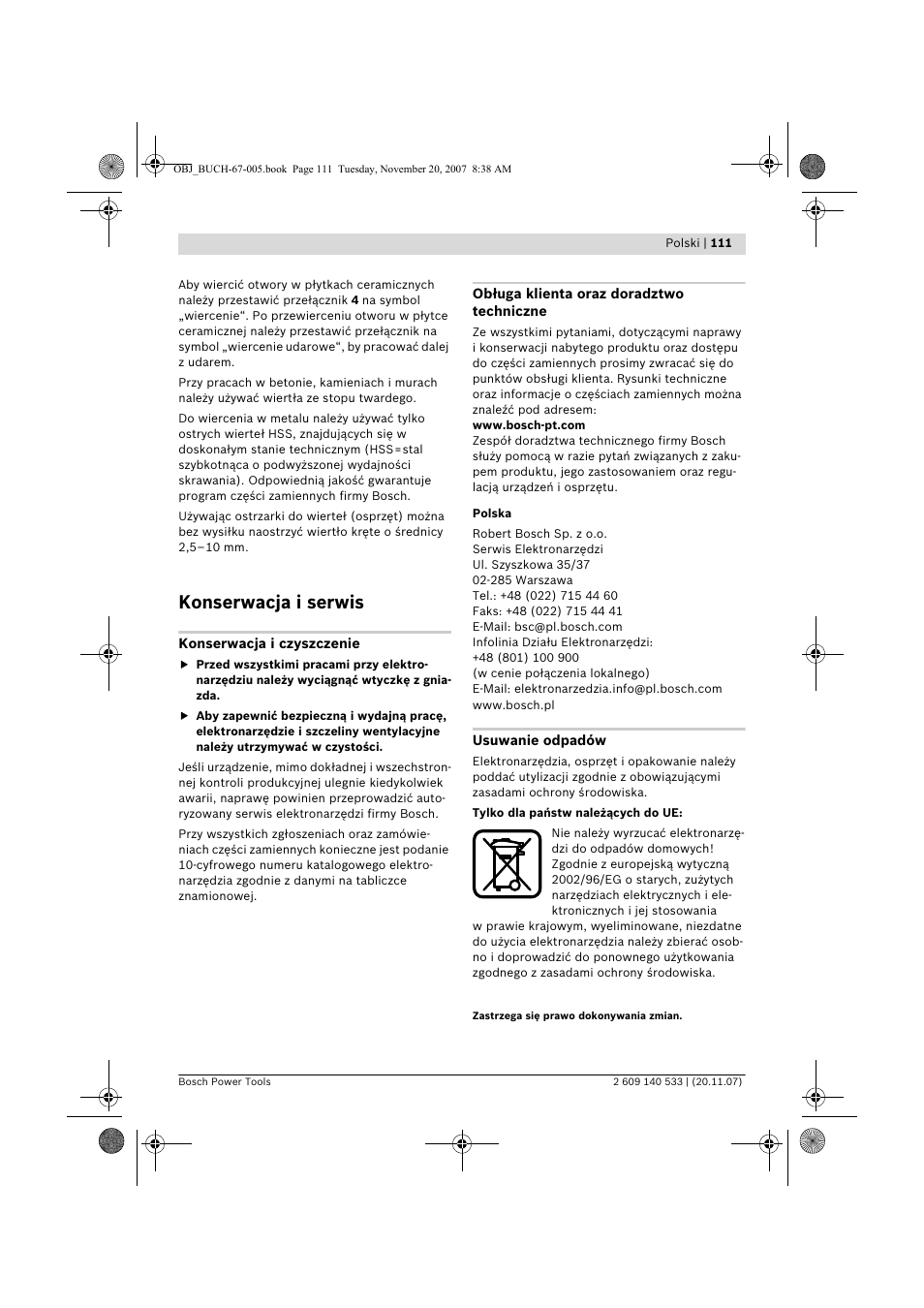 Konserwacja i serwis | Bosch GSB 13 RE Professional User Manual | Page 111 / 210