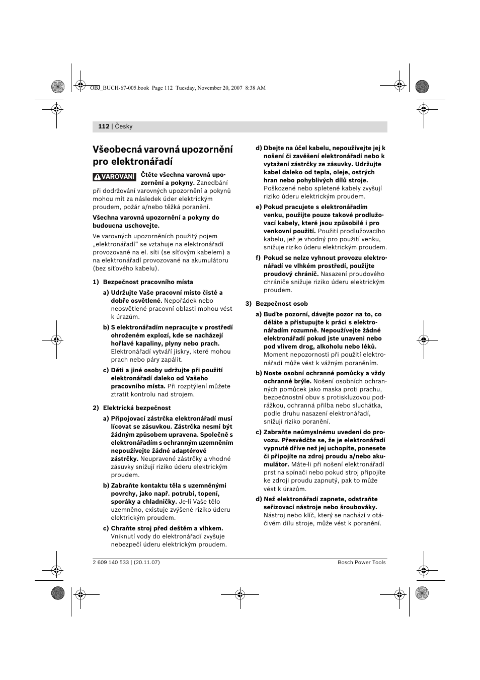 Všeobecná varovná upozornění pro elektronářadí | Bosch GSB 13 RE Professional User Manual | Page 112 / 210