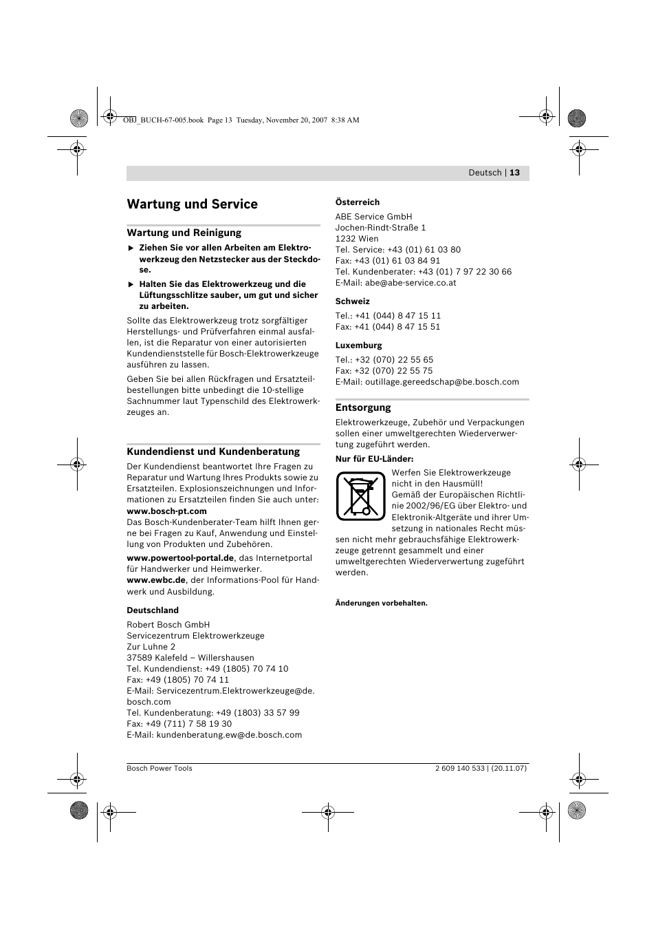 Wartung und service | Bosch GSB 13 RE Professional User Manual | Page 13 / 210