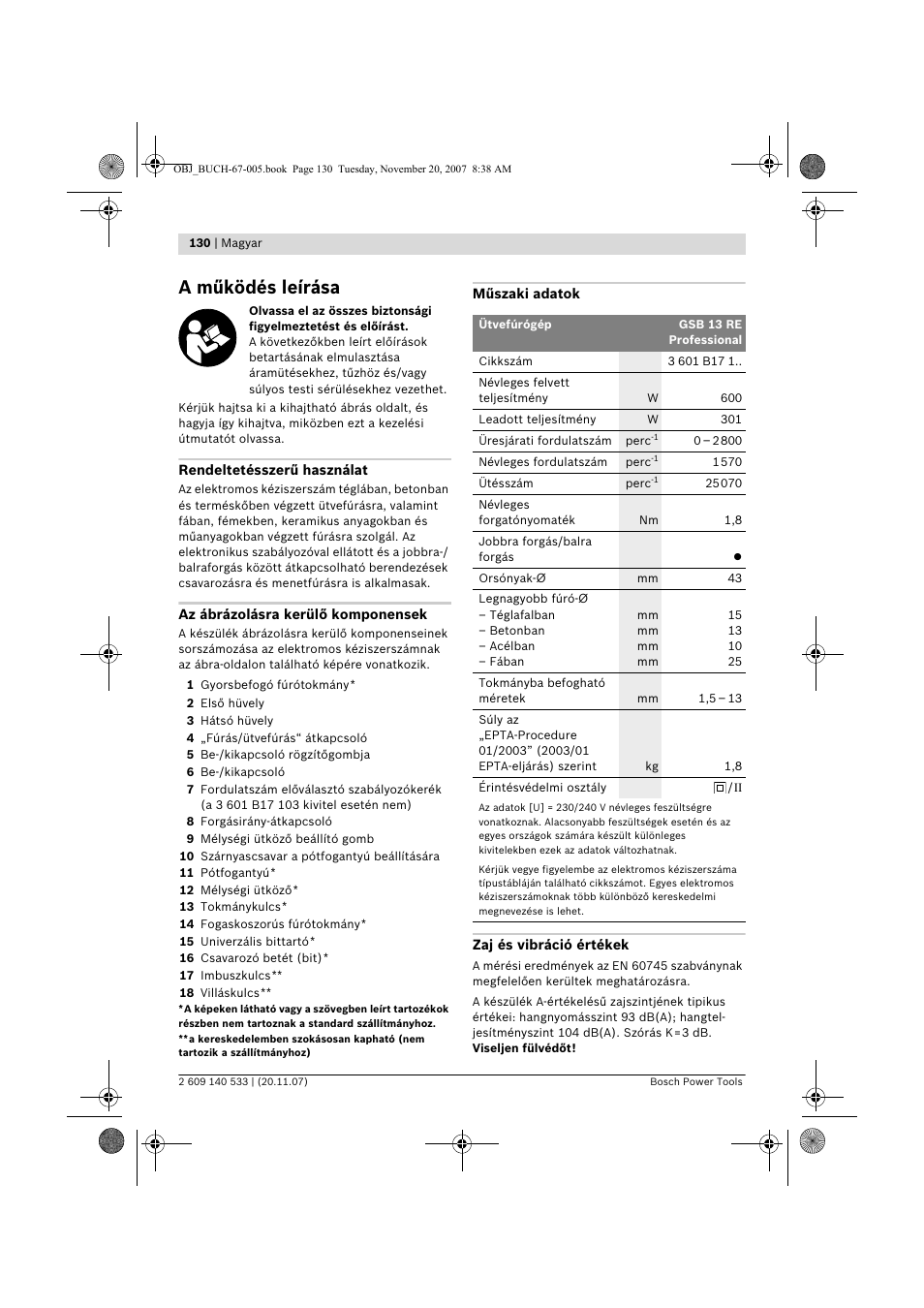 A működés leírása | Bosch GSB 13 RE Professional User Manual | Page 130 / 210