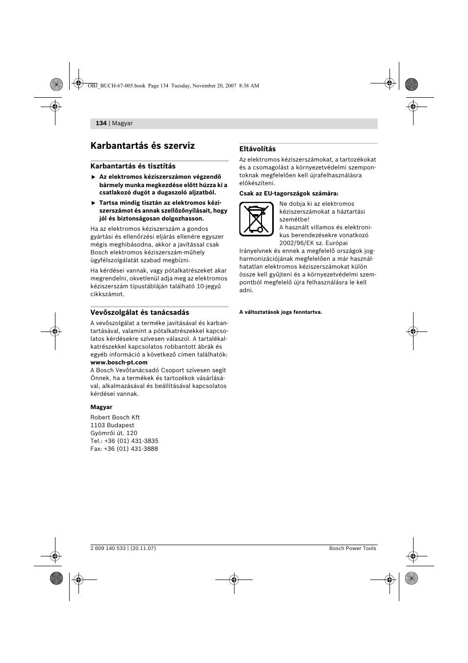 Karbantartás és szerviz | Bosch GSB 13 RE Professional User Manual | Page 134 / 210