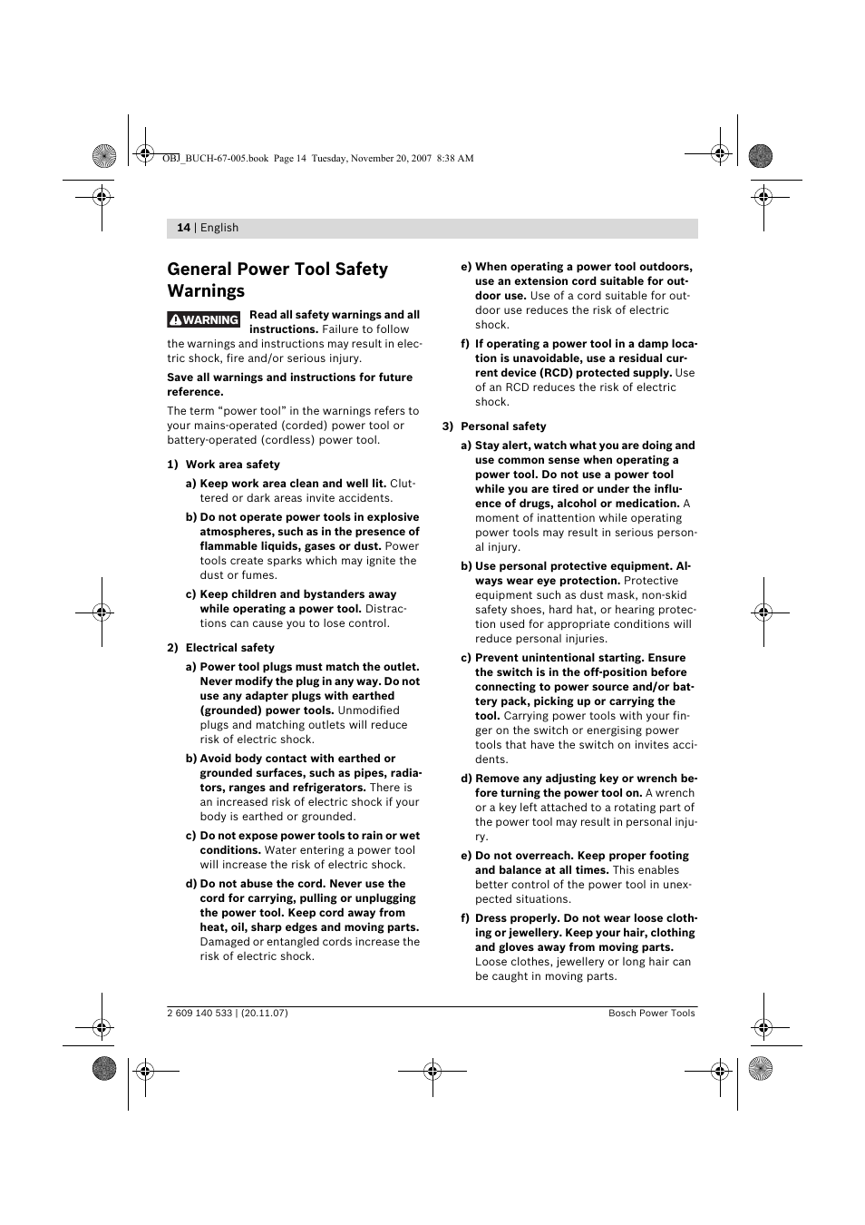 General power tool safety warnings | Bosch GSB 13 RE Professional User Manual | Page 14 / 210