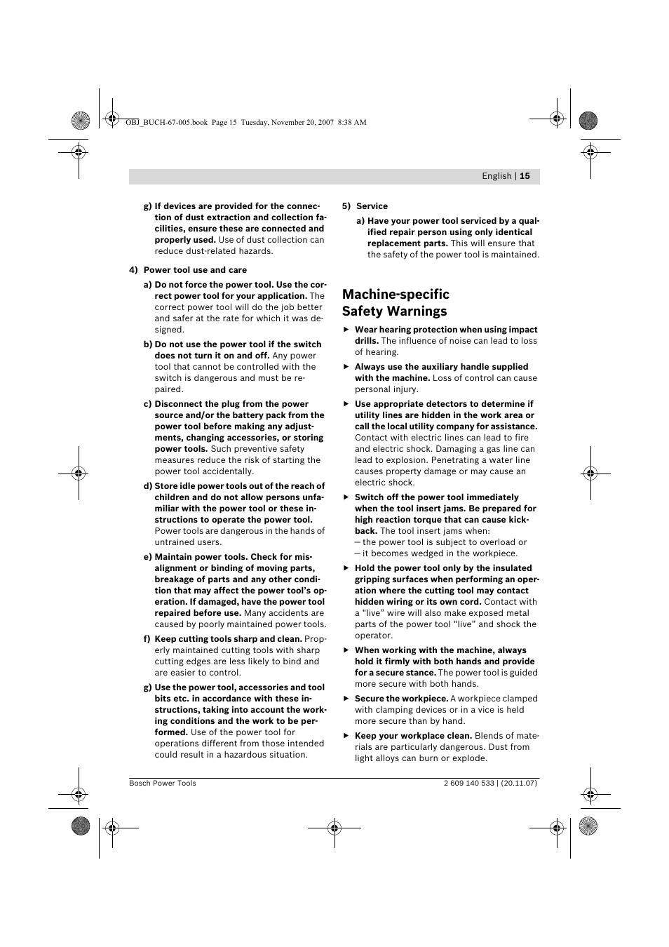 Machine-specific safety warnings | Bosch GSB 13 RE Professional User Manual | Page 15 / 210