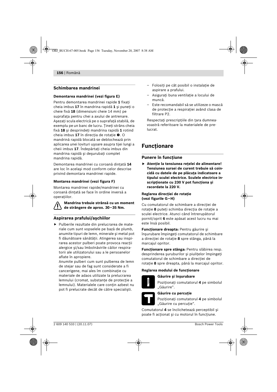 Funcţionare | Bosch GSB 13 RE Professional User Manual | Page 156 / 210