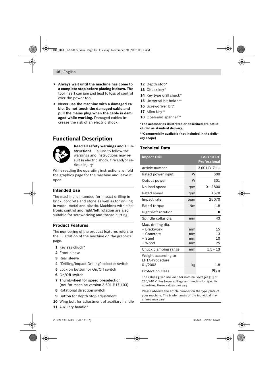 Functional description | Bosch GSB 13 RE Professional User Manual | Page 16 / 210