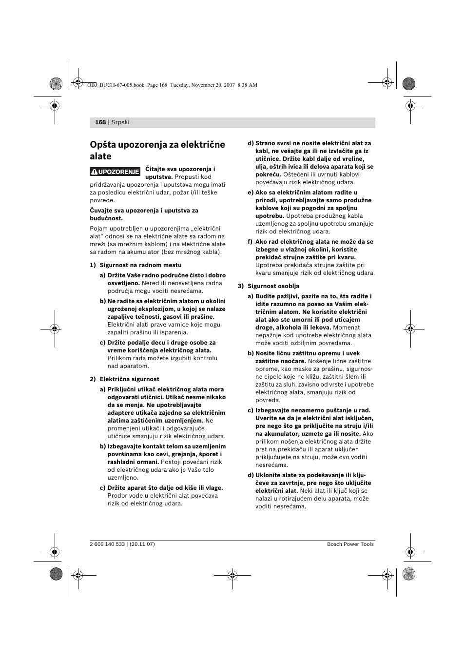 Opšta upozorenja za električne alate | Bosch GSB 13 RE Professional User Manual | Page 168 / 210