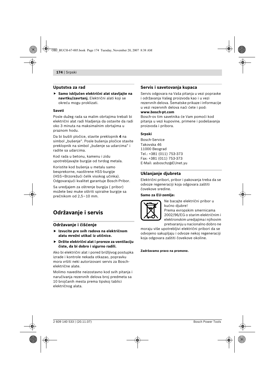 Održavanje i servis | Bosch GSB 13 RE Professional User Manual | Page 174 / 210