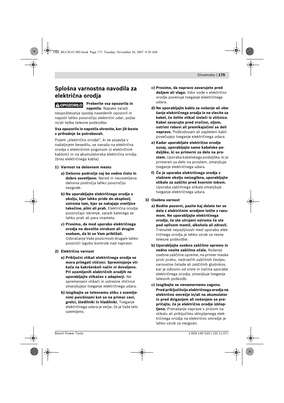 Splošna varnostna navodila za električna orodja | Bosch GSB 13 RE Professional User Manual | Page 175 / 210