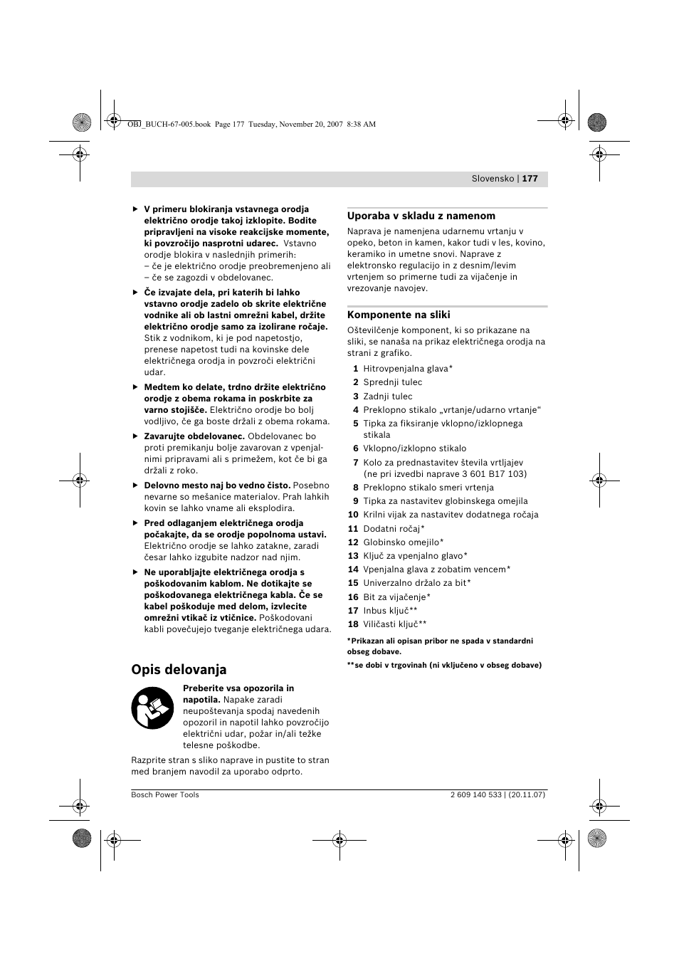 Opis delovanja | Bosch GSB 13 RE Professional User Manual | Page 177 / 210