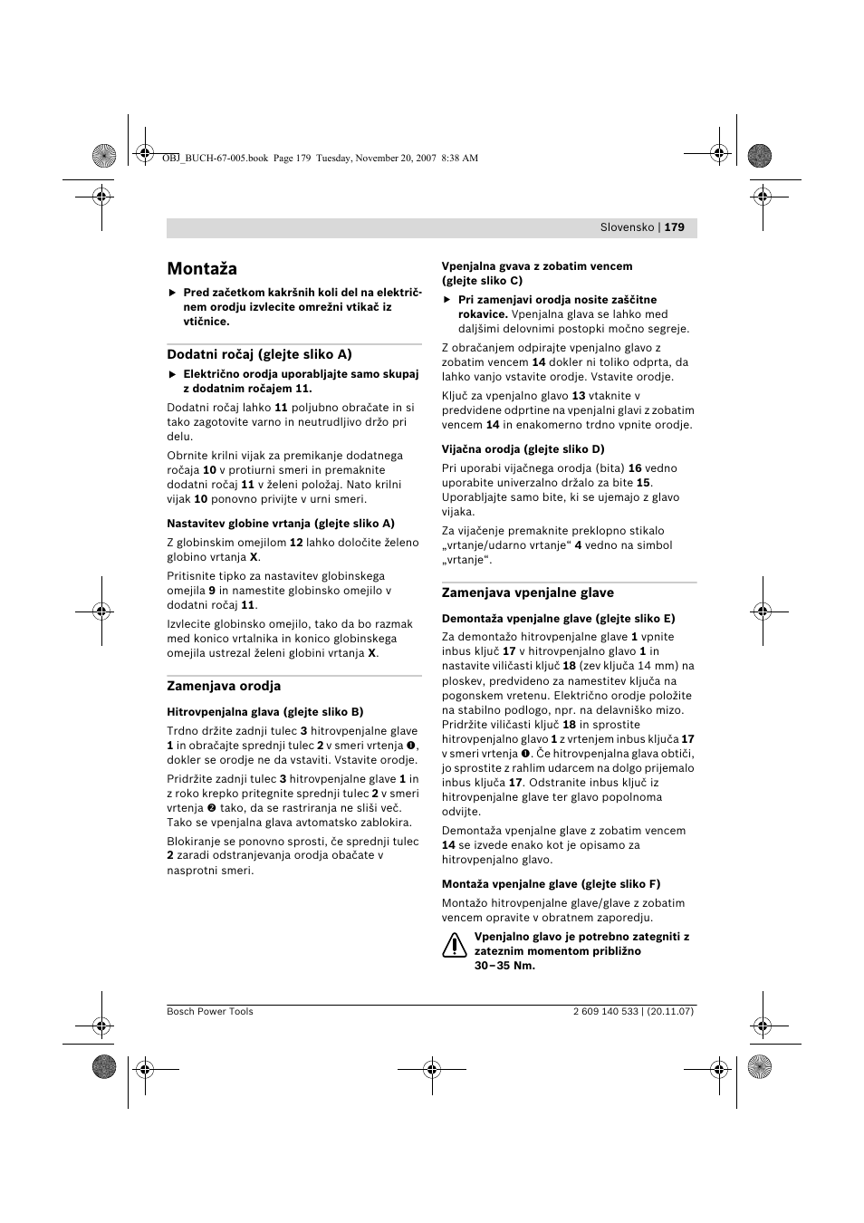 Montaža | Bosch GSB 13 RE Professional User Manual | Page 179 / 210