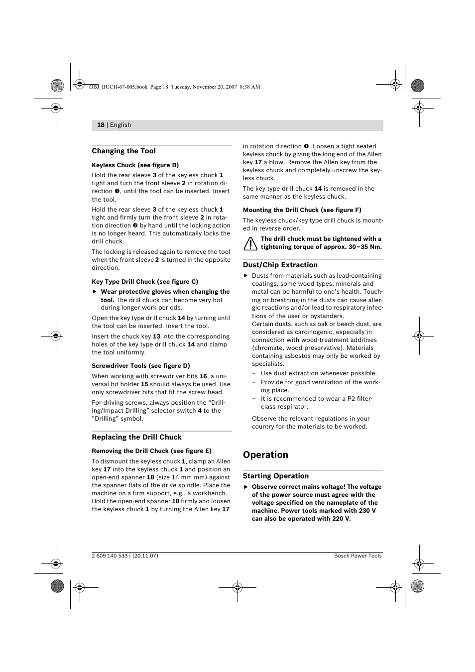 Operation | Bosch GSB 13 RE Professional User Manual | Page 18 / 210