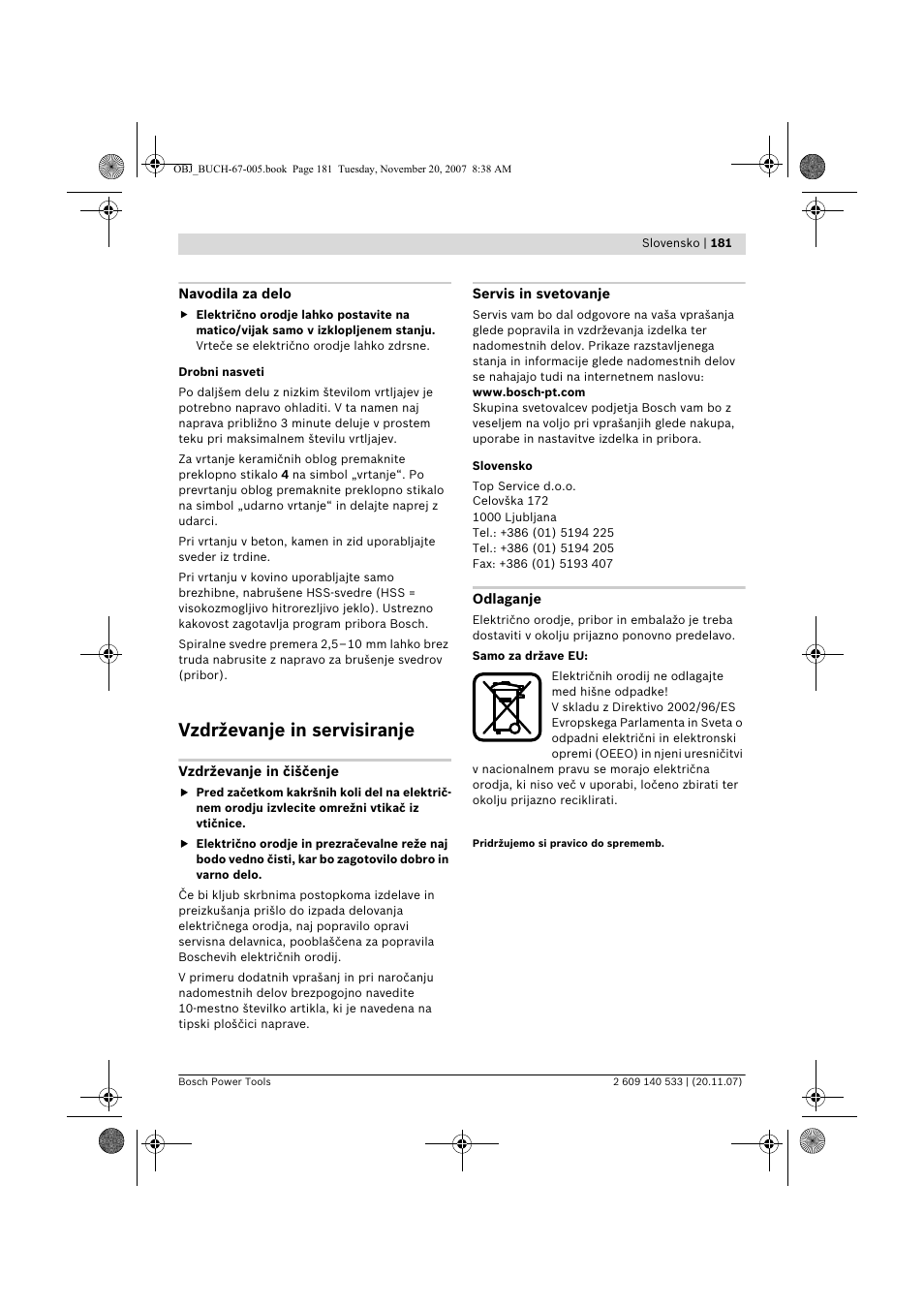 Vzdrževanje in servisiranje | Bosch GSB 13 RE Professional User Manual | Page 181 / 210