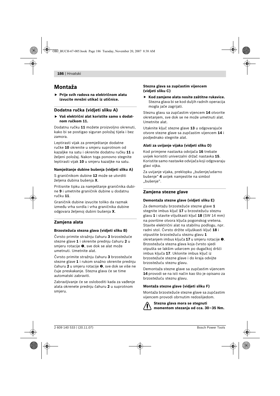 Montaža | Bosch GSB 13 RE Professional User Manual | Page 186 / 210