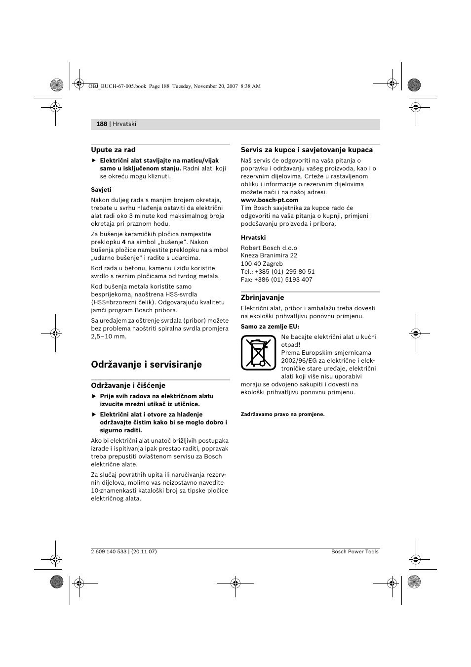 Održavanje i servisiranje | Bosch GSB 13 RE Professional User Manual | Page 188 / 210