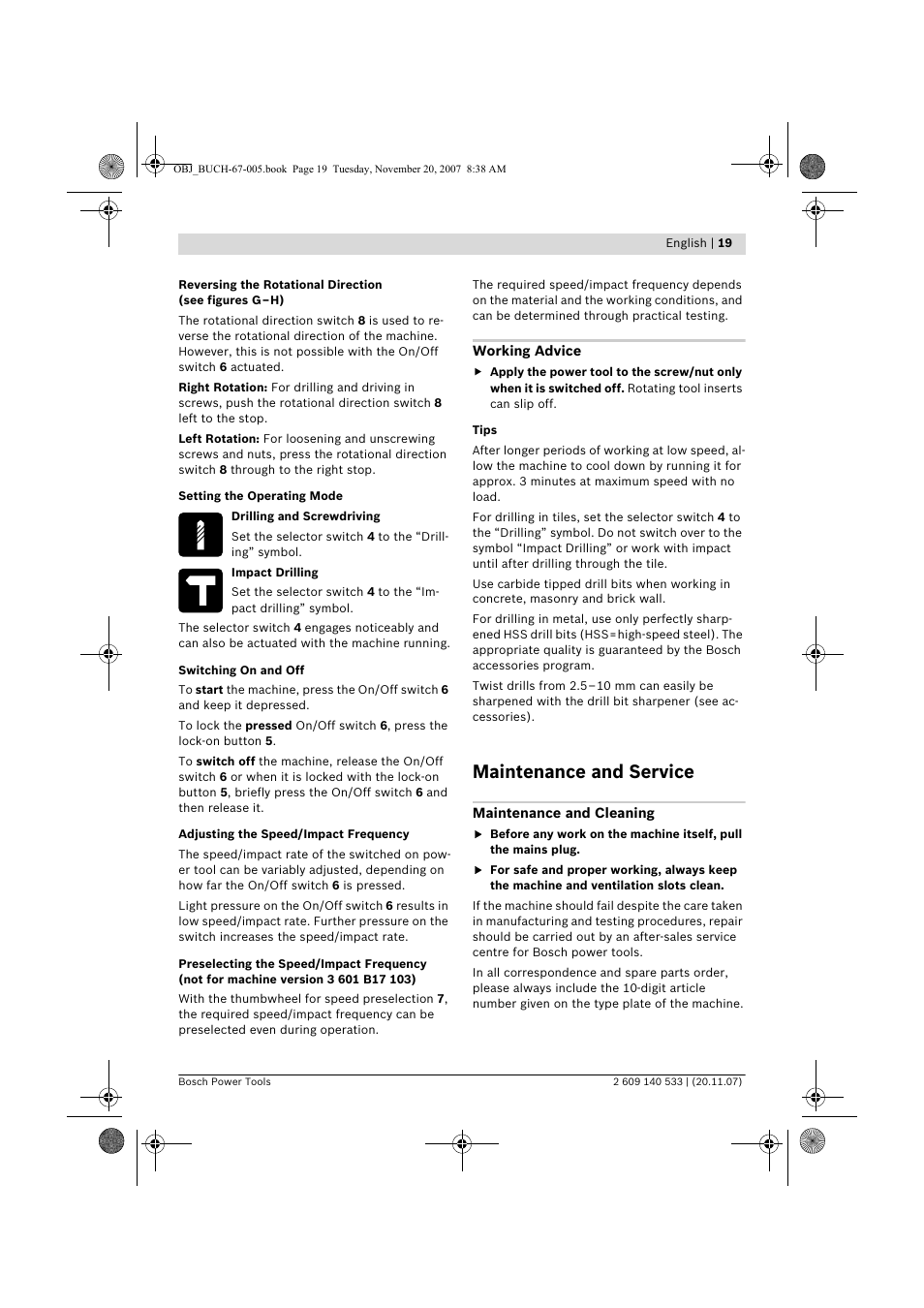 Maintenance and service | Bosch GSB 13 RE Professional User Manual | Page 19 / 210