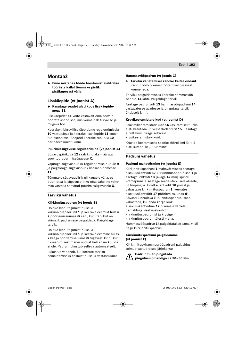 Montaaž | Bosch GSB 13 RE Professional User Manual | Page 193 / 210