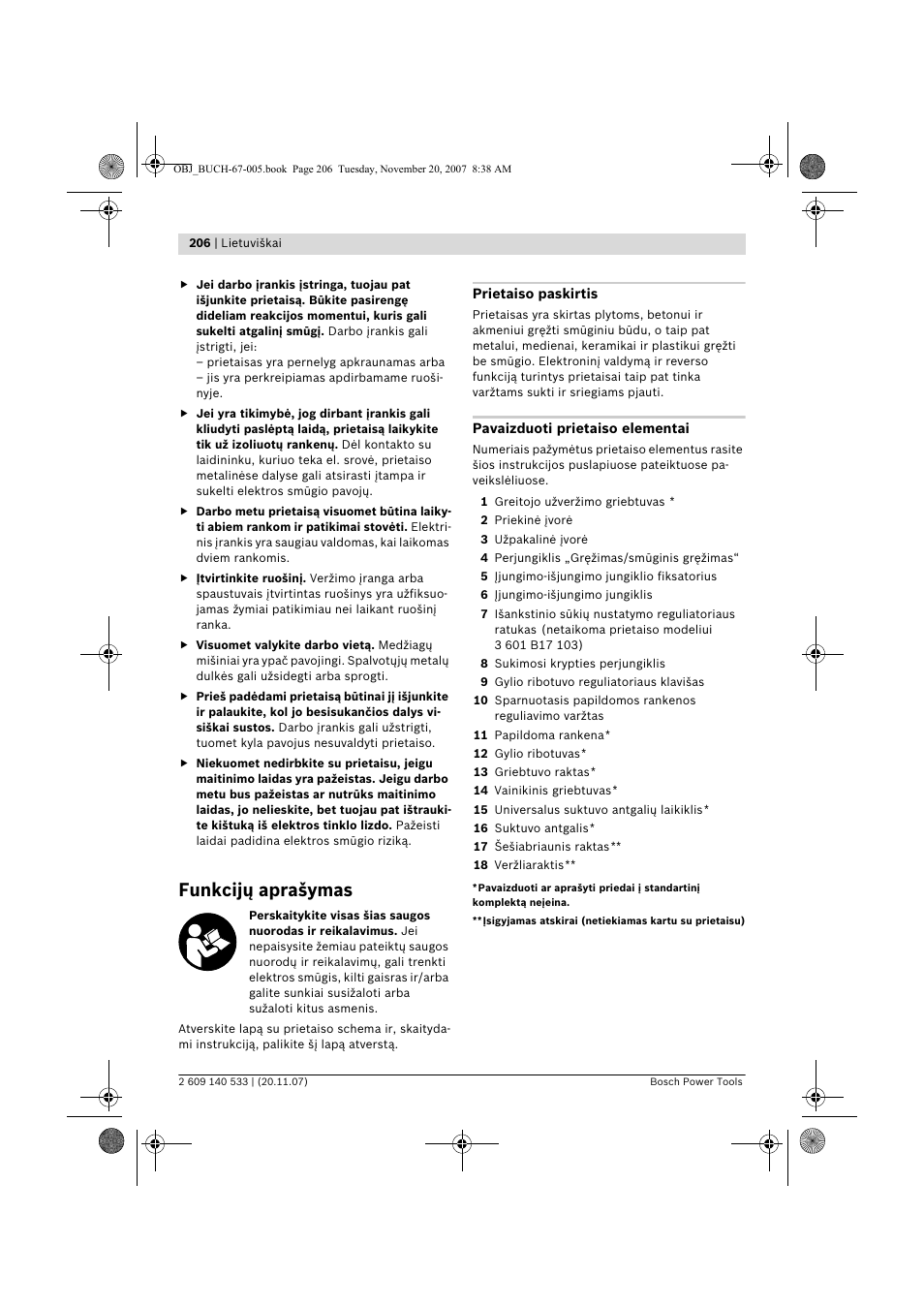 Funkcijų aprašymas | Bosch GSB 13 RE Professional User Manual | Page 206 / 210