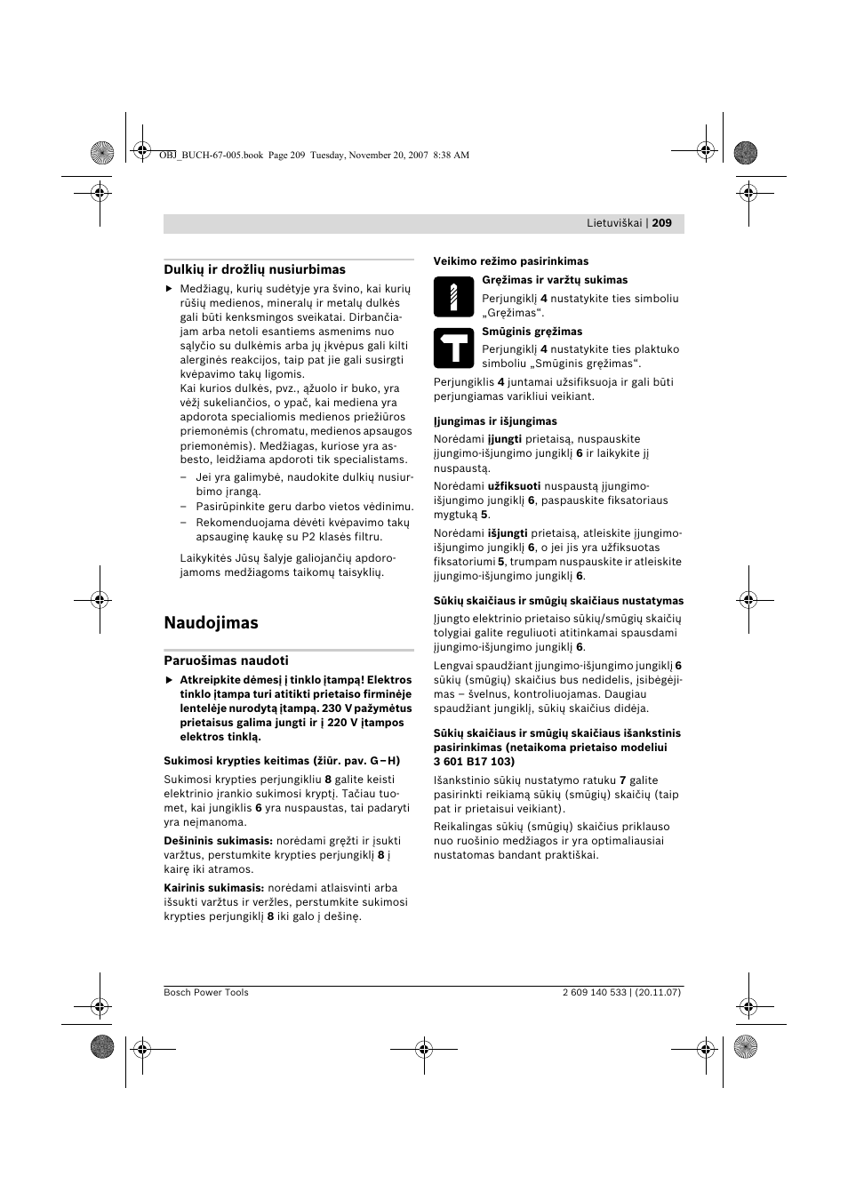 Naudojimas | Bosch GSB 13 RE Professional User Manual | Page 209 / 210